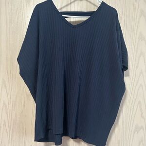 white birch Ribbed V-Neck Short Sleeve Top in Navy